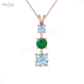 Trilogy Minimalist Pendant With 4mm Emerald & Aquamarine 14K Solid Gold Women Pendant