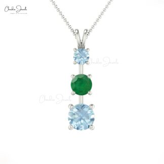 Trilogy Minimalist Pendant With 4mm Emerald & Aquamarine 14K Solid Gold Women Pendant