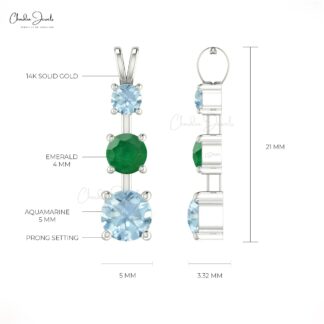 Trilogy Minimalist Pendant With 4mm Emerald & Aquamarine 14K Solid Gold Women Pendant
