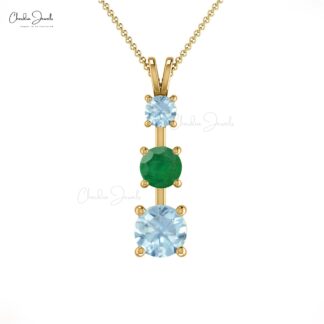 Trilogy Minimalist Pendant With 4mm Emerald & Aquamarine 14K Solid Gold Women Pendant