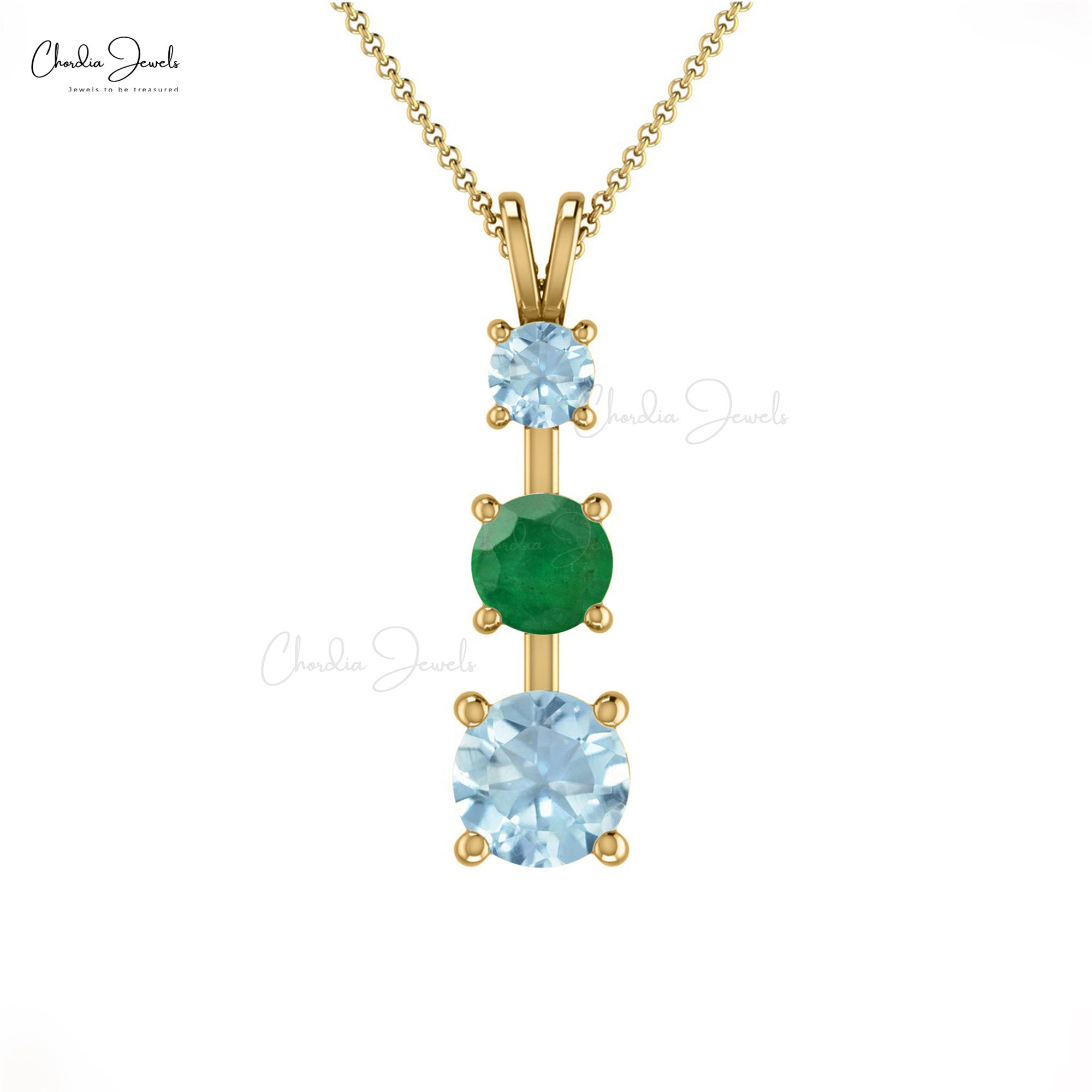Trilogy Minimalist Pendant With 4mm Emerald & Aquamarine 14K Solid Gold Women Pendant