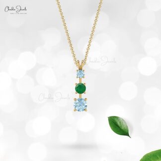 Trilogy Minimalist Pendant With 4mm Emerald & Aquamarine 14K Solid Gold Women Pendant