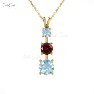 Alternative 3 Stone Pendant in Solid 14k Gold Red Garnet With 0.55 Ct Aquamarines Necklace