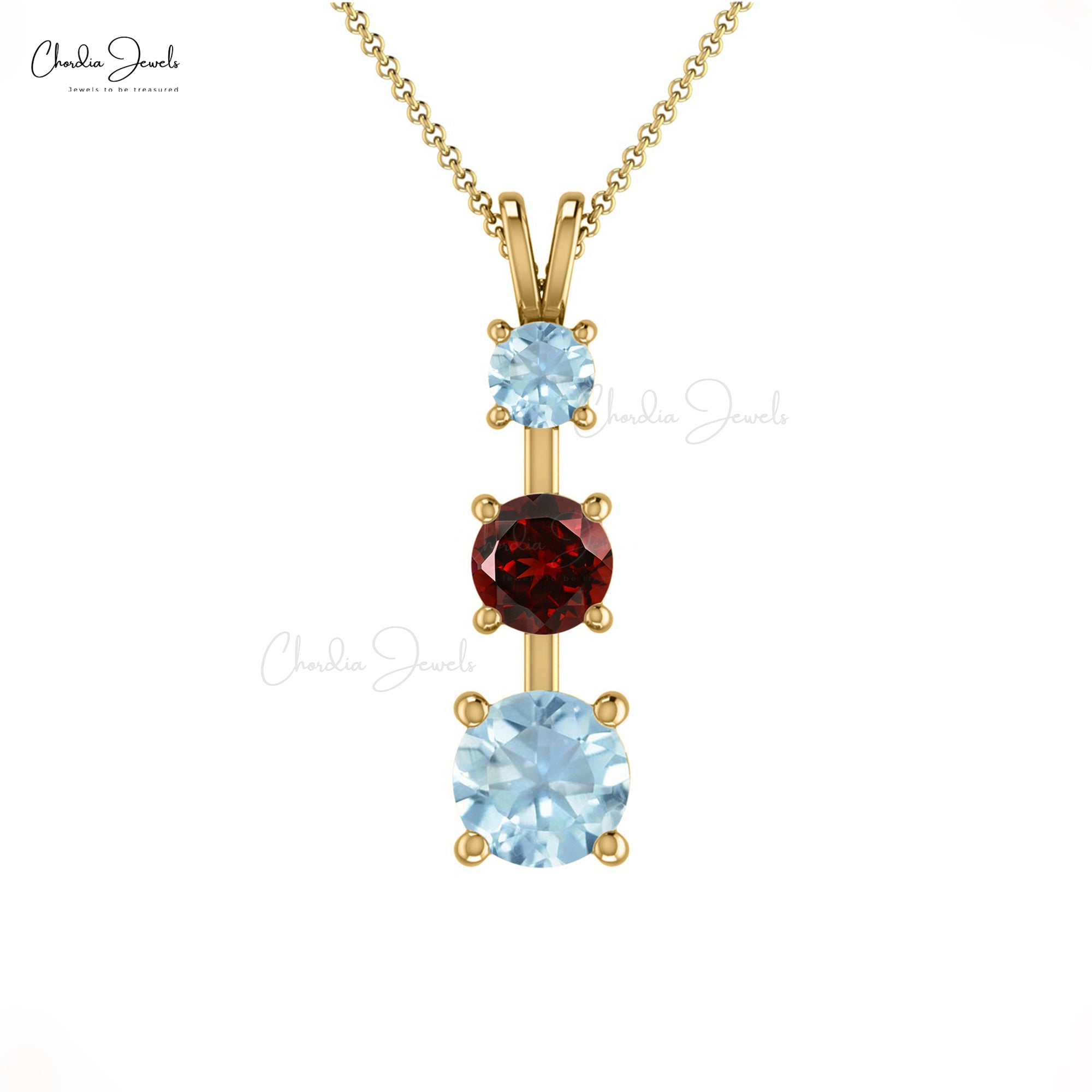 Alternative 3 Stone Pendant in Solid 14k Gold Red Garnet With 0.55 Ct Aquamarines Necklace