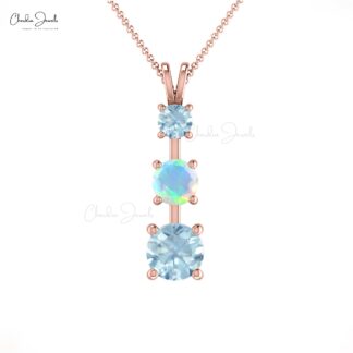 Trio Prong Set Pendant With 0.16 Ct Fire Opal And Aquamarine 14k Real Gold Necklace