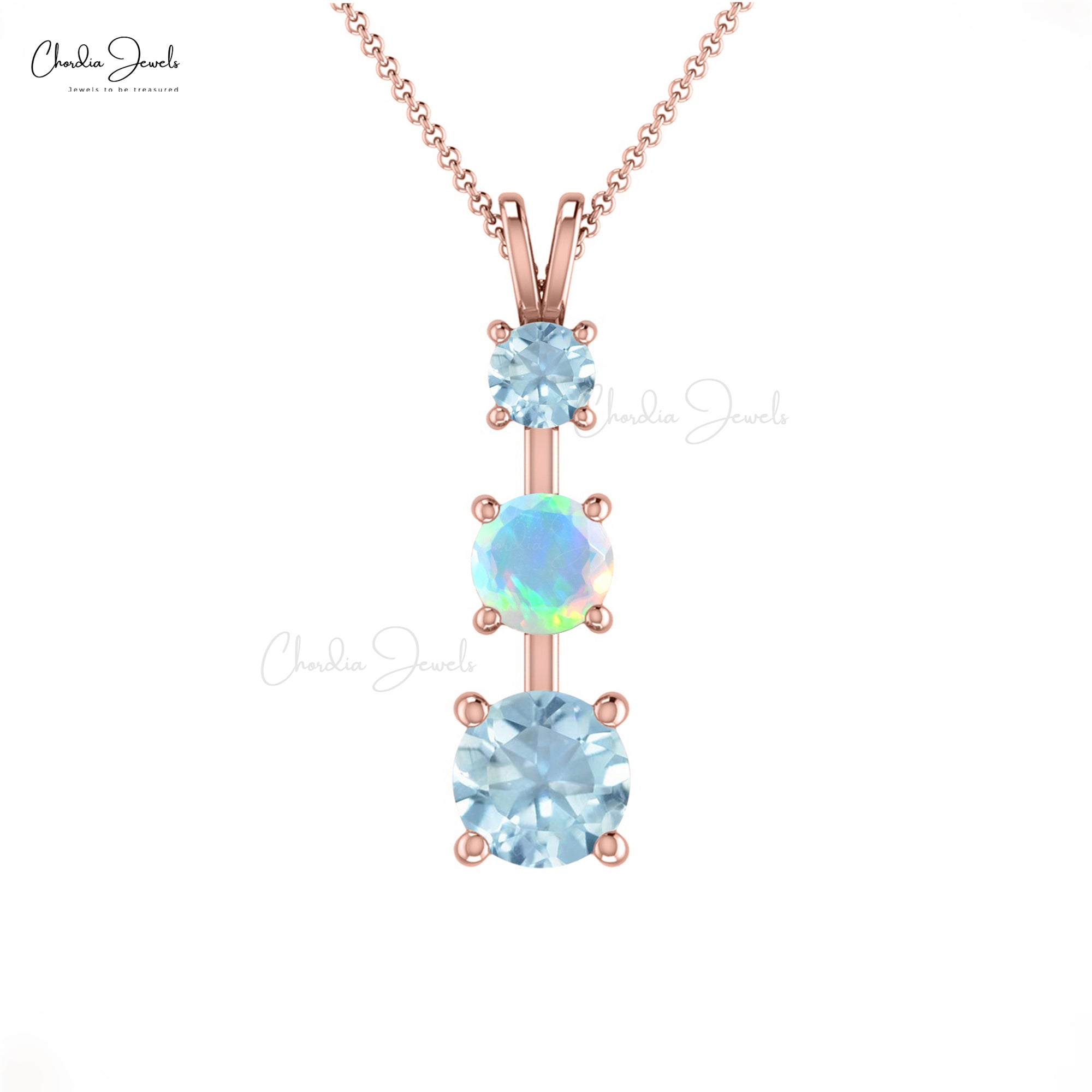 Trio Prong Set Pendant With 0.16 Ct Fire Opal And Aquamarine 14k Real Gold Necklace