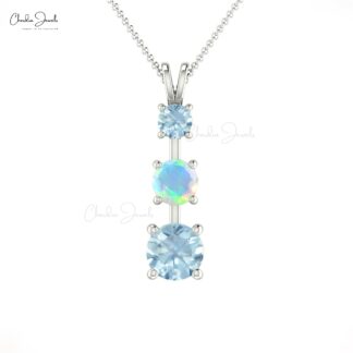 Trio Prong Set Pendant With 0.16 Ct Fire Opal And Aquamarine 14k Real Gold Necklace