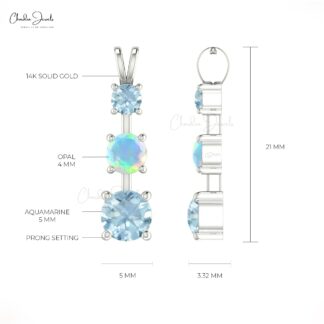 Trio Prong Set Pendant With 0.16 Ct Fire Opal And Aquamarine 14k Real Gold Necklace