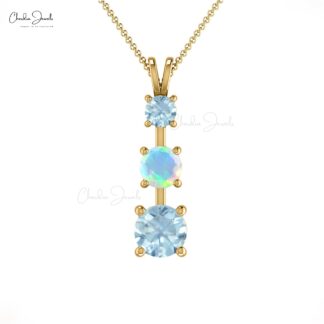 Trio Prong Set Pendant With 0.16 Ct Fire Opal And Aquamarine 14k Real Gold Necklace