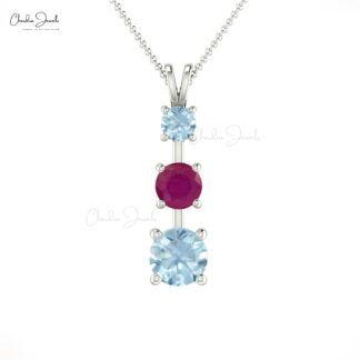 Gold Natural Burmese Ruby & Aquamarine Three Stone Pendant Necklace for Women