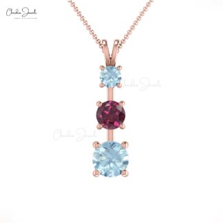 Three Stone Wedding Pendant In 14k Pure Gold Rhodolite Garnet Aquamarine Unique Jewelry
