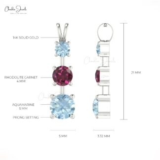 Three Stone Wedding Pendant In 14k Pure Gold Rhodolite Garnet Aquamarine Unique Jewelry