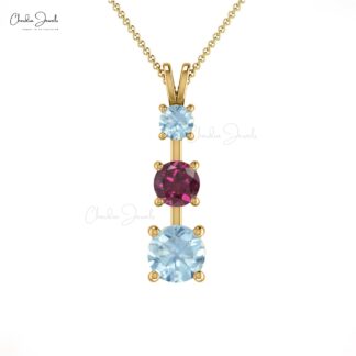 Three Stone Wedding Pendant In 14k Pure Gold Rhodolite Garnet Aquamarine Unique Jewelry