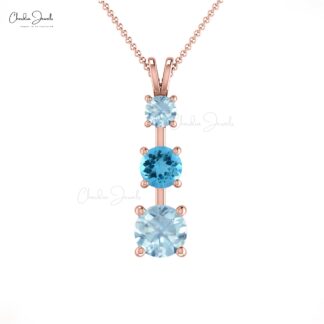Real 14k Gold Trilogy Pendant With 4mm Swiss Blue Topaz And Aquamarine Pendant For Her