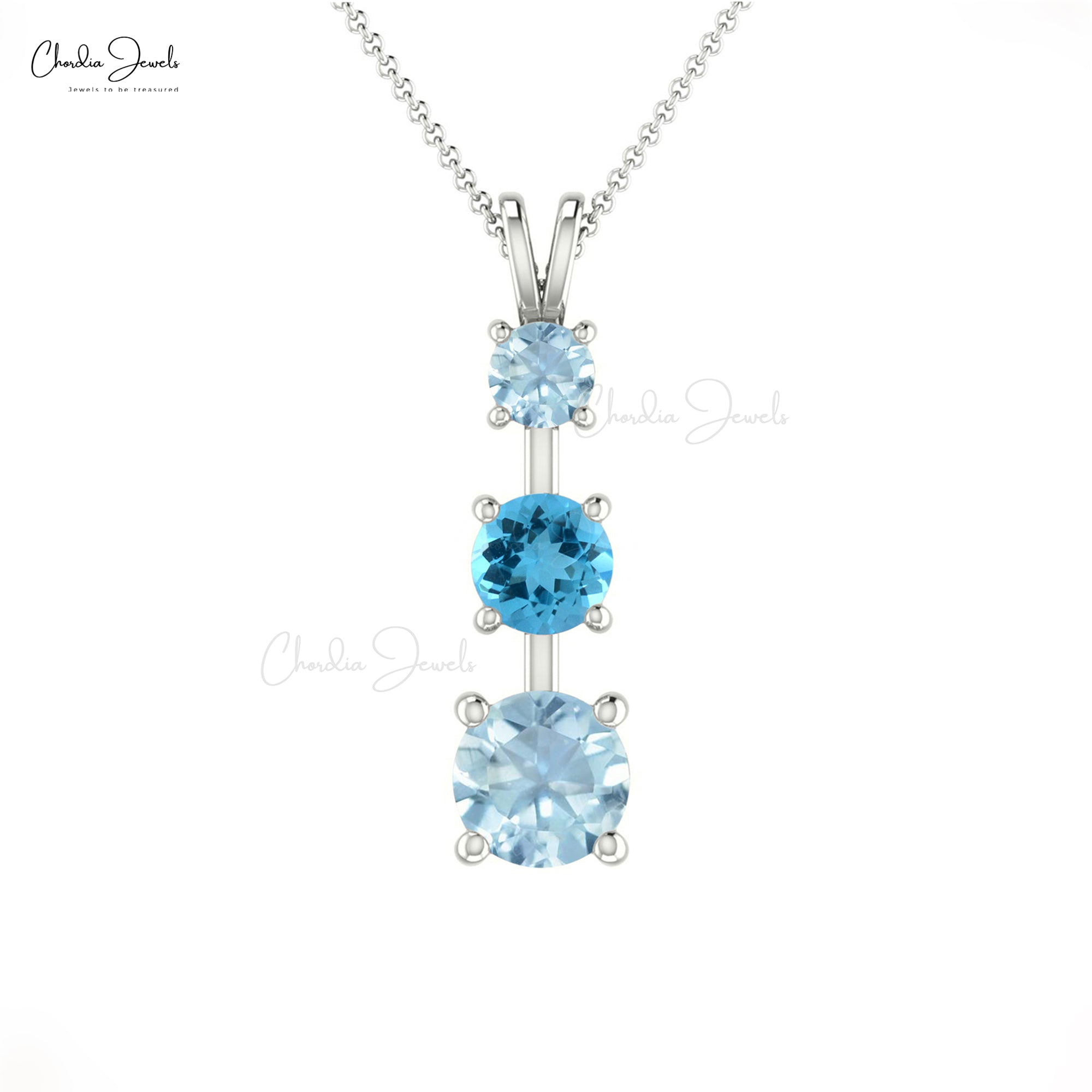 Real 14k Gold Trilogy Pendant With 4mm Swiss Blue Topaz And Aquamarine Pendant For Her