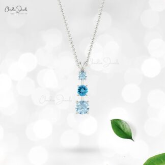 Real 14k Gold Trilogy Pendant With 4mm Swiss Blue Topaz And Aquamarine Pendant For Her