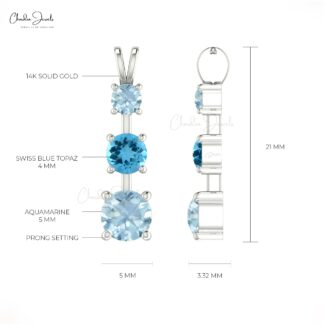 Real 14k Gold Trilogy Pendant With 4mm Swiss Blue Topaz And Aquamarine Pendant For Her