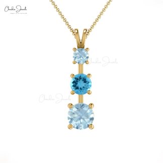 Real 14k Gold Trilogy Pendant With 4mm Swiss Blue Topaz And Aquamarine Pendant For Her