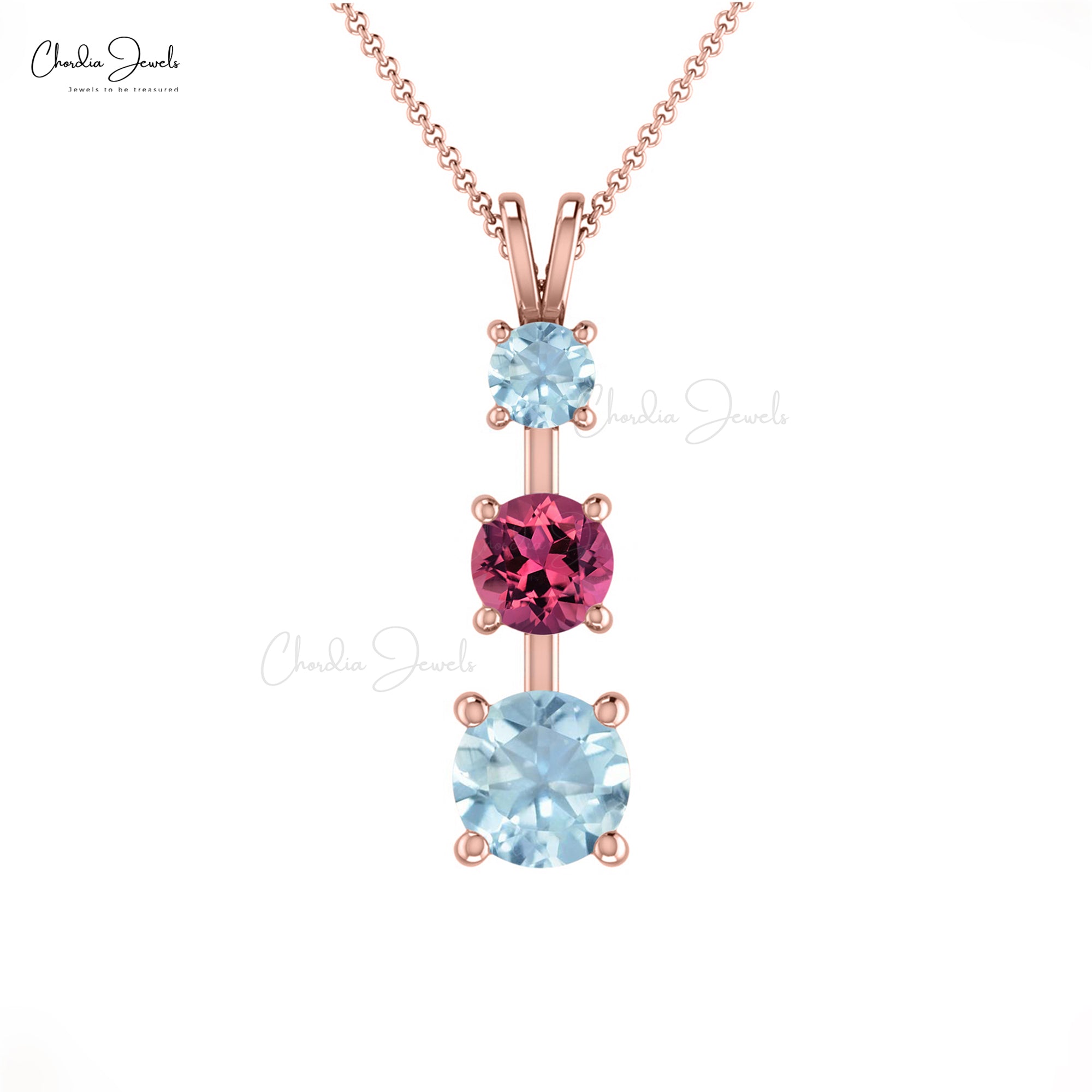 Natural Pink Tourmaline 3 Stone Pendant In 14k Real Gold Aquamarine Fine Women Jewelry