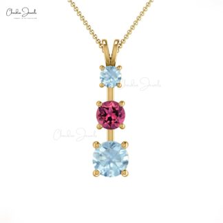 Natural Pink Tourmaline 3 Stone Pendant In 14k Real Gold Aquamarine Fine Women Jewelry