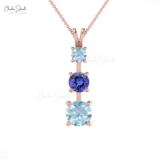 Round Trinity Stone Pendant in 14k Pure Gold Tanzanite And Aquamarine Bridal Necklace