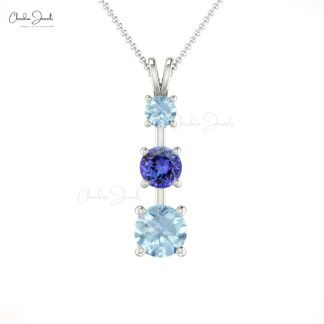 Round Trinity Stone Pendant in 14k Pure Gold Tanzanite And Aquamarine Bridal Necklace