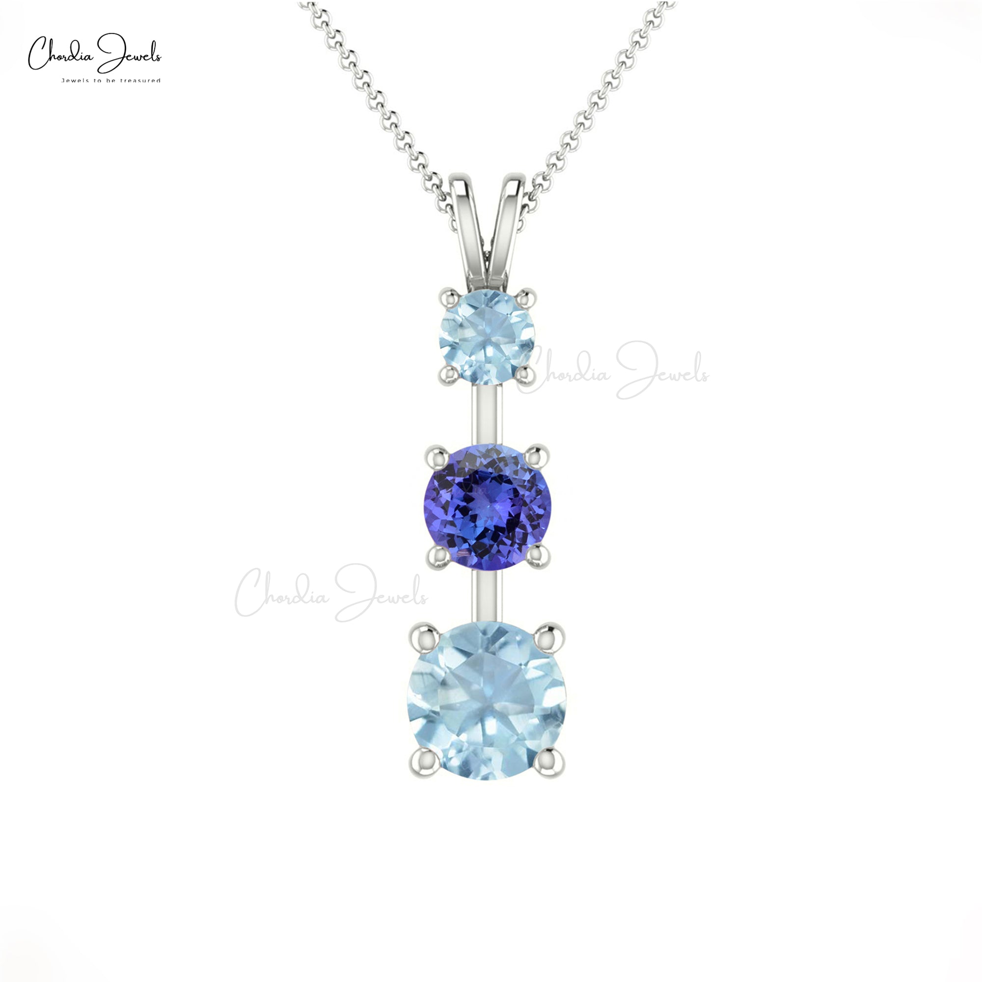 Round Trinity Stone Pendant in 14k Pure Gold Tanzanite And Aquamarine Bridal Necklace