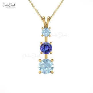 Round Trinity Stone Pendant in 14k Pure Gold Tanzanite And Aquamarine Bridal Necklace