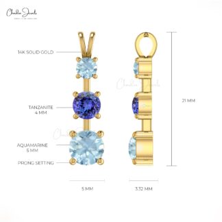 Round Trinity Stone Pendant in 14k Pure Gold Tanzanite And Aquamarine Bridal Necklace