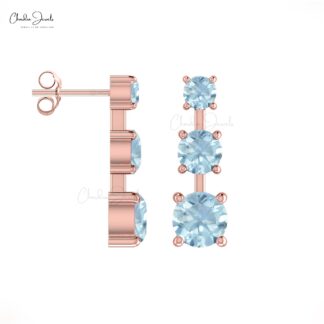 Triple Aquamarine Earrings In 14k Solid Gold Gemstone 1.68 Ct Round Cut Unique Studs