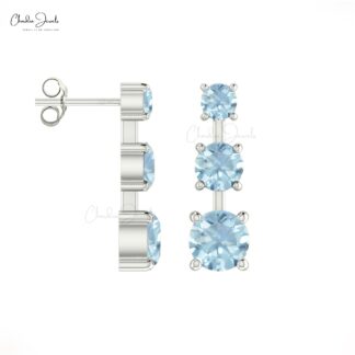 Triple Aquamarine Earrings In 14k Solid Gold Gemstone 1.68 Ct Round Cut Unique Studs
