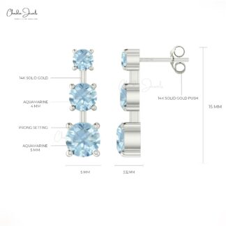 Triple Aquamarine Earrings In 14k Solid Gold Gemstone 1.68 Ct Round Cut Unique Studs