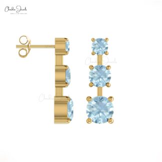 Triple Aquamarine Earrings In 14k Solid Gold Gemstone 1.68 Ct Round Cut Unique Studs
