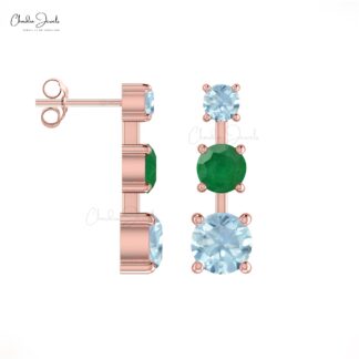 Genuine Emerald & Aquamarine Trilogy Earrings 14k Solid Gold Statement Studs For Gift