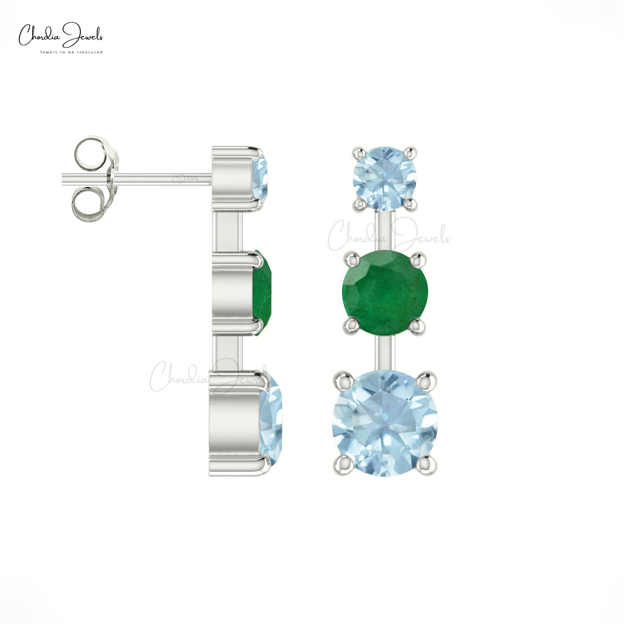 Genuine Emerald & Aquamarine Trilogy Earrings 14k Solid Gold Statement Studs For Gift