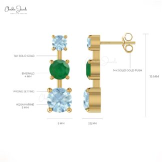 Genuine Emerald & Aquamarine Trilogy Earrings 14k Solid Gold Statement Studs For Gift