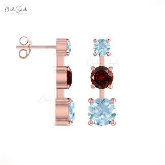 Solid 14k Gold Dainty Earrings Genuine Garnet & Aquamarine Trio Earring For Wedding Gift