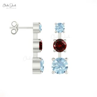 Solid 14k Gold Dainty Earrings Genuine Garnet & Aquamarine Trio Earring For Wedding Gift