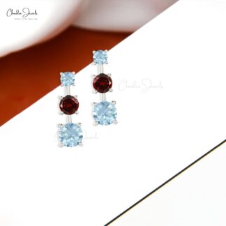 Solid 14k Gold Dainty Earrings Genuine Garnet & Aquamarine Trio Earring For Wedding Gift
