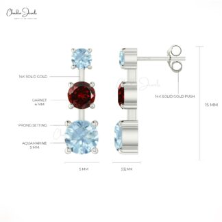 Solid 14k Gold Dainty Earrings Genuine Garnet & Aquamarine Trio Earring For Wedding Gift