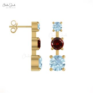 Solid 14k Gold Dainty Earrings Genuine Garnet & Aquamarine Trio Earring For Wedding Gift