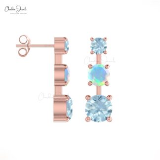Trilogy Push Back Studs With 4mm Fire Opal & Aquamarine 3 Stone Earrings In 14k Real Gold