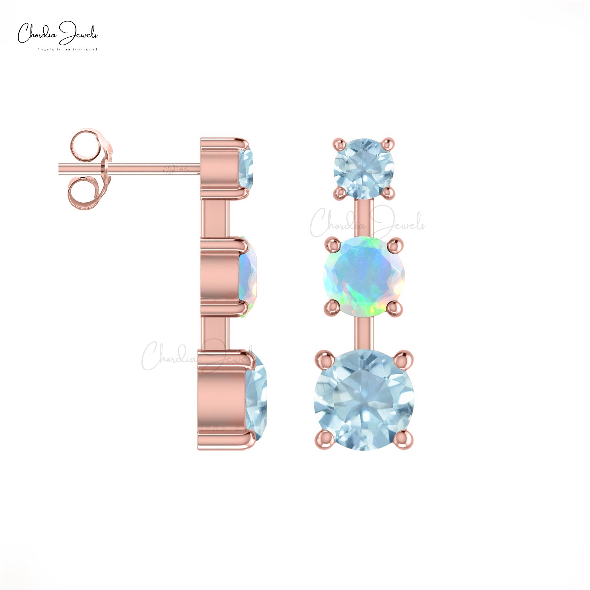 Trilogy Push Back Studs With 4mm Fire Opal & Aquamarine 3 Stone Earrings In 14k Real Gold