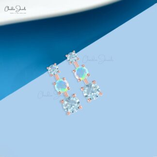 Trilogy Push Back Studs With 4mm Fire Opal & Aquamarine 3 Stone Earrings In 14k Real Gold