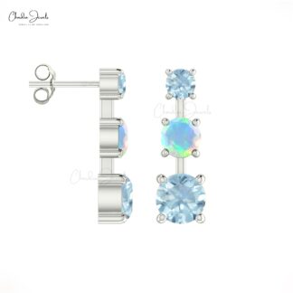 Trilogy Push Back Studs With 4mm Fire Opal & Aquamarine 3 Stone Earrings In 14k Real Gold