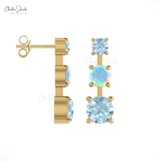 Trilogy Push Back Studs With 4mm Fire Opal & Aquamarine 3 Stone Earrings In 14k Real Gold