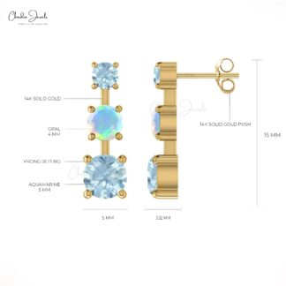Trilogy Push Back Studs With 4mm Fire Opal & Aquamarine 3 Stone Earrings In 14k Real Gold