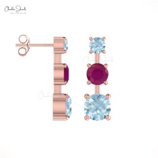 Three Stone Natural Ruby And Aquamarine Push Back Stud Earrings In 14k Solid Gold