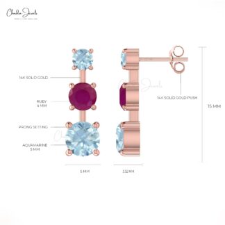 Three Stone Natural Ruby And Aquamarine Push Back Stud Earrings In 14k Solid Gold