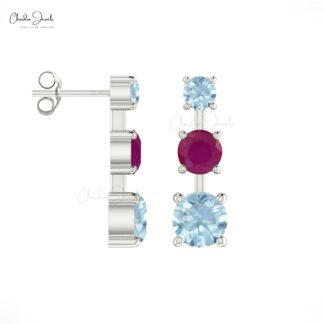 Three Stone Natural Ruby And Aquamarine Push Back Stud Earrings In 14k Solid Gold